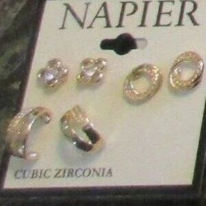 NAPIER 3pc SET Contemporary Gold CZ Stone Flower/Circle Studs & Hoop Earrings